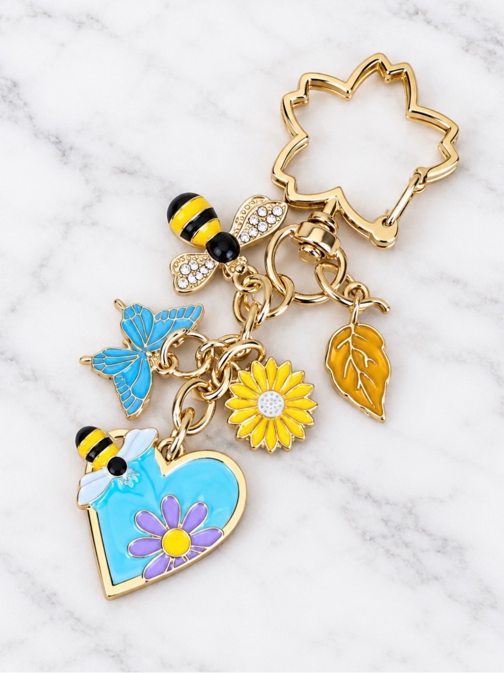 Bag Charm/Keyring-Blue Enamel Heart Bees and Flower Charms-Gold Hardware